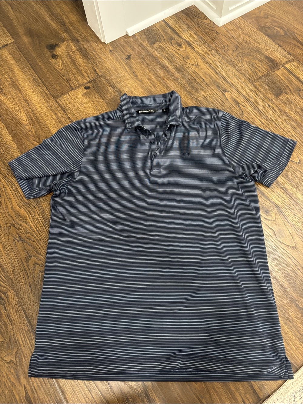 Travis Mathew Men's Navy and Gray Striped Polo